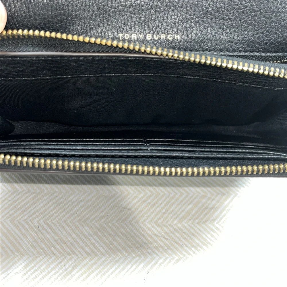 Tory Burch McGraw Flat Pebbled Leather Wallet‎ Crossbody Black Clutch Bag Gold